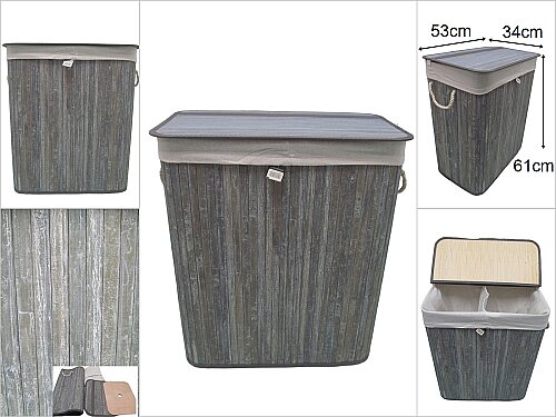 sd29886 katlanır portatif bölmeli gri bambu kirli çamaşır sepeti - 