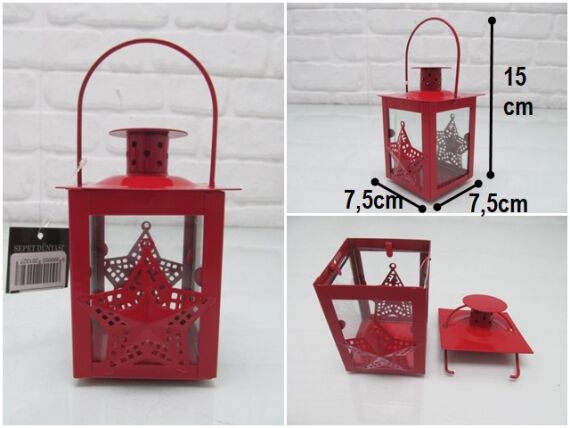 sd44267 kırmızı metal yıldız dekorlu camlı mumluk fener - 1