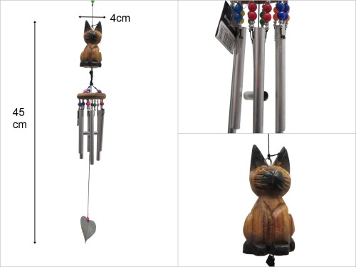 sd49308 ahşap kedili,boncuklu, metal rüzgar çanı - 