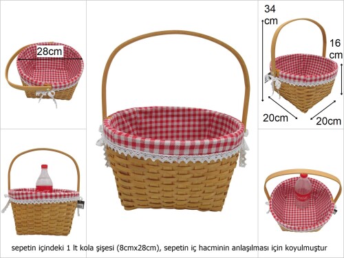 sd49685 pötikare kumaşlı no2 üstten katlanan saplı yuvarlak ahşap yonga sepet - 