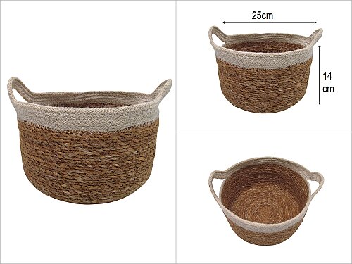 sd51039 no2 hasır+tekstil yandan saplı yuvarlak sepet krem - 