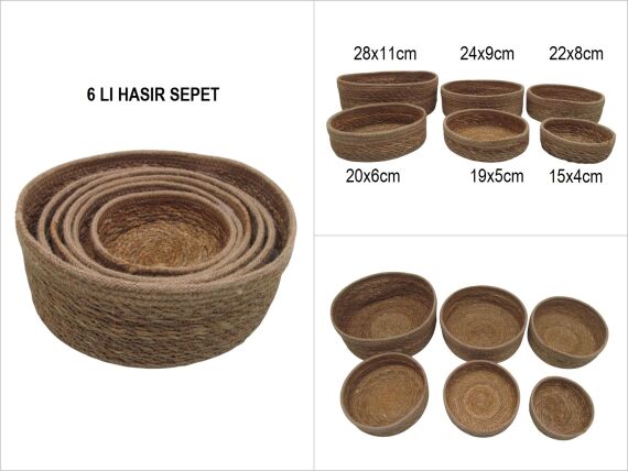 sd53743 hasır+tekstil örgülü 6 lı dekoratif yuvarlak sepet BEJ - 1