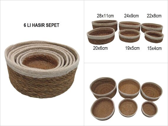 sd53744 hasır+tekstil örgülü 6 lı dekoratif yuvarlak sepet KREM - 1
