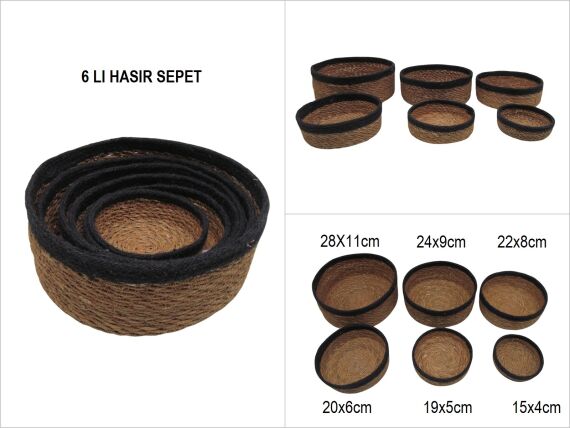 sd53748 hasır+tekstil örgülü 6 lı dekoratif yuvarlak sepet SİYAH - 1