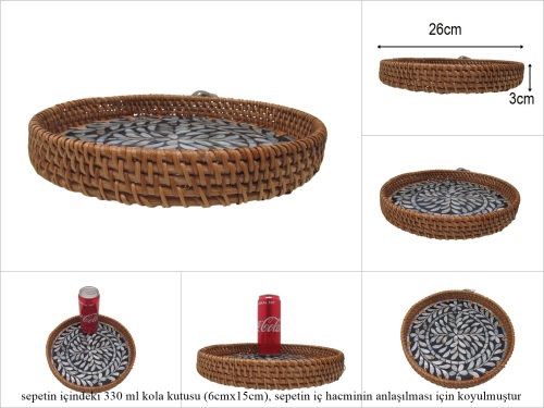sd53173 rattan çerçeveli sedef tabanlı no3 ahşap desenli dekoratif tepsi - 