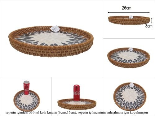 sd53176 rattan çerçeveli sedef tabanlı no3 ahşap desenli dekoratif tepsi - 