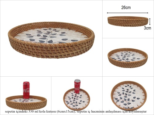sd53179 rattan çerçeveli sedef tabanlı no3 ahşap desenli dekoratif tepsi - 
