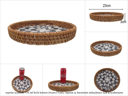 sd53184 rattan çerçeveli sedef tabanlı no2 ahşap desenli dekoratif tepsi - 