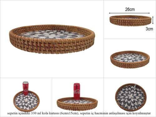 sd53185 rattan çerçeveli sedef tabanlı no3 ahşap desenli dekoratif tepsi - 
