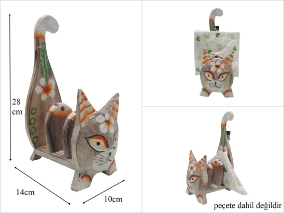 sd53550 dekoratif 3 bölmeli kedi figürlü ahşap peçetelik - 1