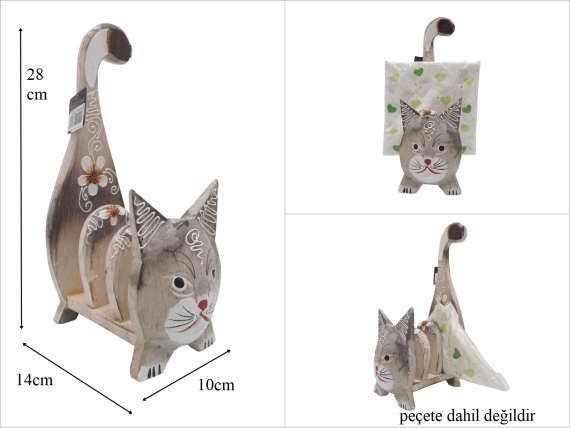 sd53551 dekoratif 3 bölmeli kedi figürlü ahşap peçetelik - 1