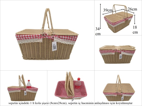 sd53609 metal iskelet üzerine rattan görünümlü pvc örme pötikare kumaşlı piknik sepeti - 1