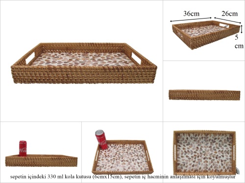 sd53729 rattan çerçeveli sedef tabanlı no2 desenli dikdörtgen tepsi - 