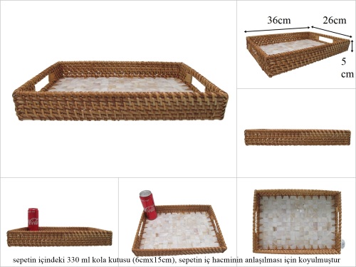 sd53731 rattan çerçeveli sedef tabanlı no2 desenli dikdörtgen tepsi - 