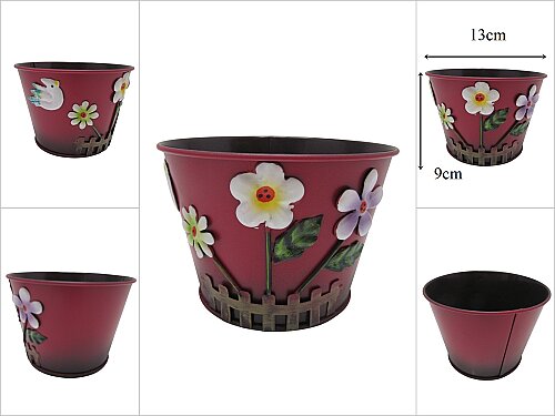 sd54026 Bordo Metal Çiçek Desenli Saksı - 