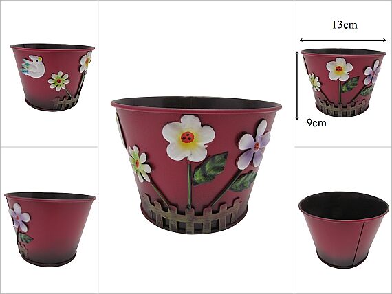 sd54026 Bordo Metal Çiçek Desenli Saksı - 1
