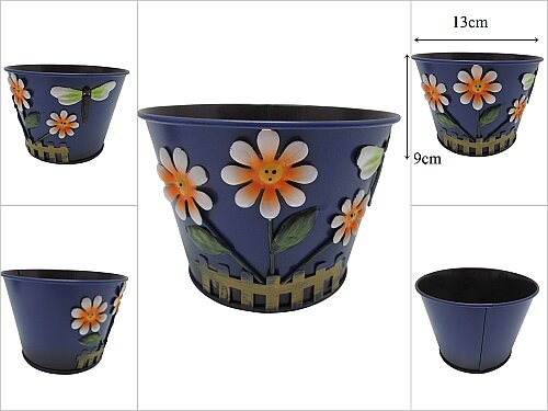 sd54027 Lacivert Metal Çiçek Desenli Saksı - 